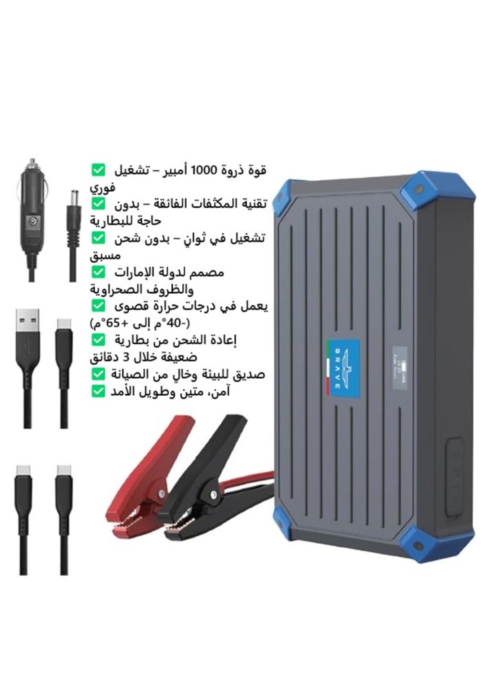 Brave 12V Super-Capacitor Car Jump Starter – 1000A Peak Emergency Booster (Battery-Free, Self-Charging in 3 Minutes) for Up to 6.0L Gasoline & 4.0L Diesel Engines – Heavy Duty, Portable, All-Weather Jump Starter with Smart Display & Carry Case – Highly Safe for UAE & Desert Environments - Image 1
