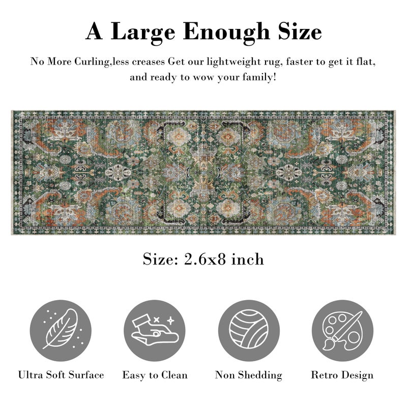 RUGSURE Washable Area Rugs - Perfect for Living Room, Bedroom, Kids Room, Nursery - Stain & Water Resistant Non-Slip, Pet & Child Friendly, Vintage Tribal Area Rugs (Green, 2'6'' x 8') - Image 2