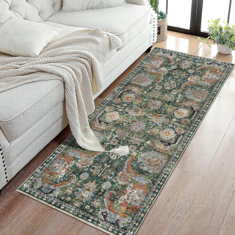 RUGSURE Washable Area Rugs - Perfect for Living Room, Bedroom, Kids Room, Nursery - Stain & Water Resistant Non-Slip, Pet & Child Friendly, Vintage Tribal Area Rugs (Green, 2'6'' x 8') - Image 4
