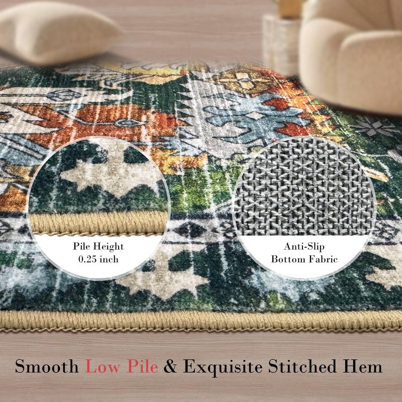 RUGSURE Washable Area Rugs - Perfect for Living Room, Bedroom, Kids Room, Nursery - Stain & Water Resistant Non-Slip, Pet & Child Friendly, Vintage Tribal Area Rugs (Green, 2'6'' x 8') - Image 5