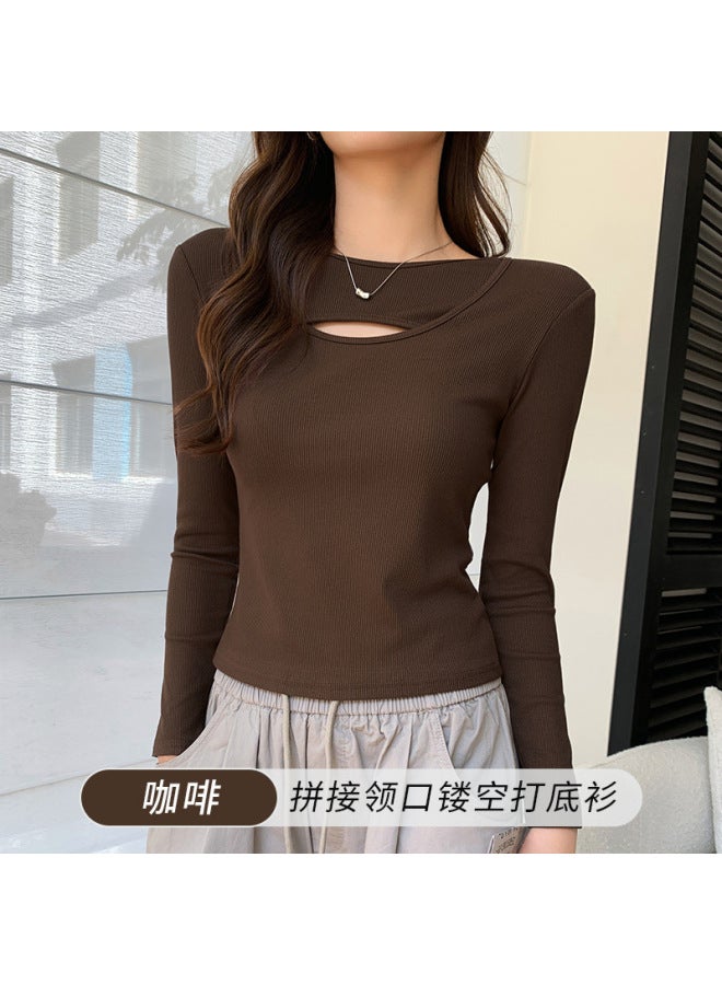 2101 Right Shoulder Slim Long-sleeved T-shirt For Women With Autumn And Winter Design Cut Out Cross Collar Stripesd Bottoming Shirt Top
