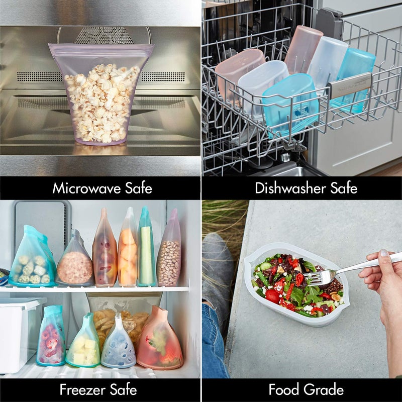 Zip Top Reusable Food Storage Bags | 3 Dish Set [Teal] | Silicone Meal Prep Container | Microwave, Dishwasher and Freezer Safe | Made in the USA - Image 3