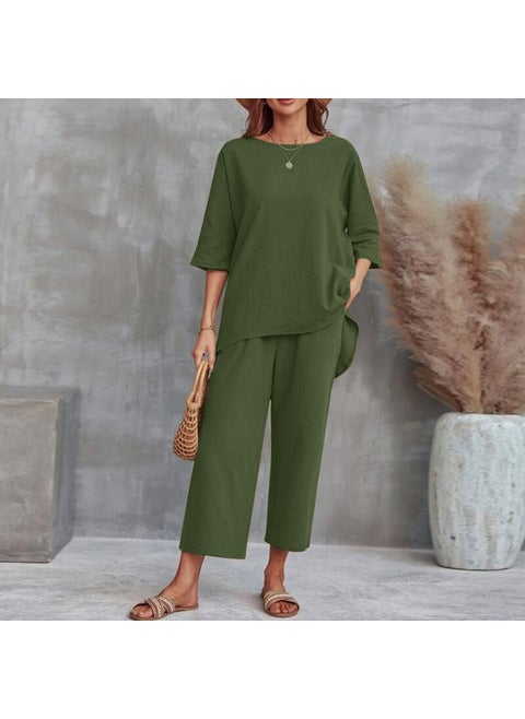 Amazon Cross-Border Spring Summer Plus Size Loose-Fit Elegant Casual Stylish Age-Reducing Cotton Linen Fashion Solid Color Sport Military green