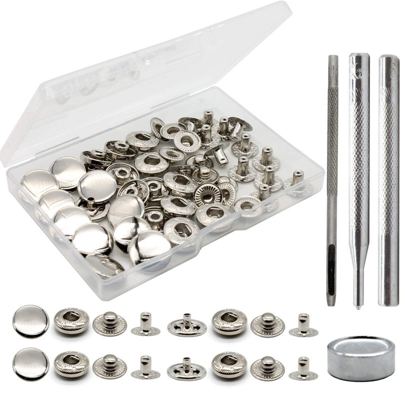 Raydodo 12 Set Leather Snap Fasteners Kit 15mm Metal Snap Buttons Kit Press Studs with 4 Install Tools Rivets and Snaps for Clothing Jeans Jackets Bracelets Bags Silver