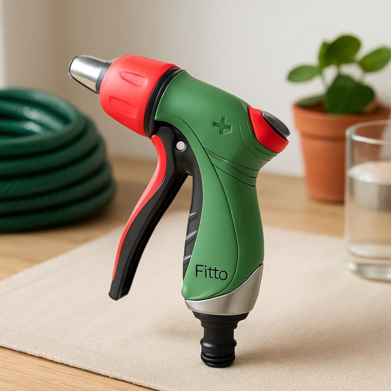 Fitto Adjustable Garden Hose Nozzle with Trigger Handle, Red and Green - Image 2
