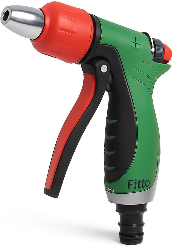 Fitto Adjustable Garden Hose Nozzle with Trigger Handle, Red and Green - Image 1