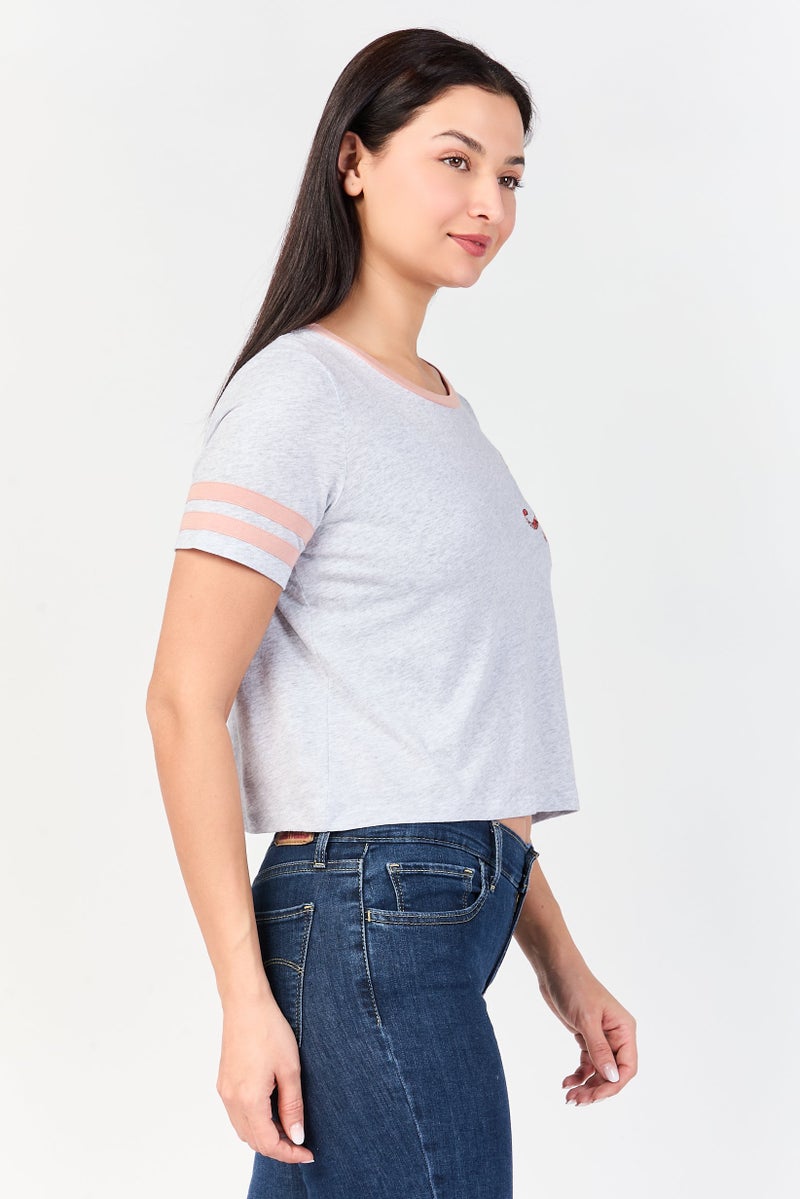 UNDIZ Women Crew Neck Short Sleeve Heather Top, Light Grey - Image 4