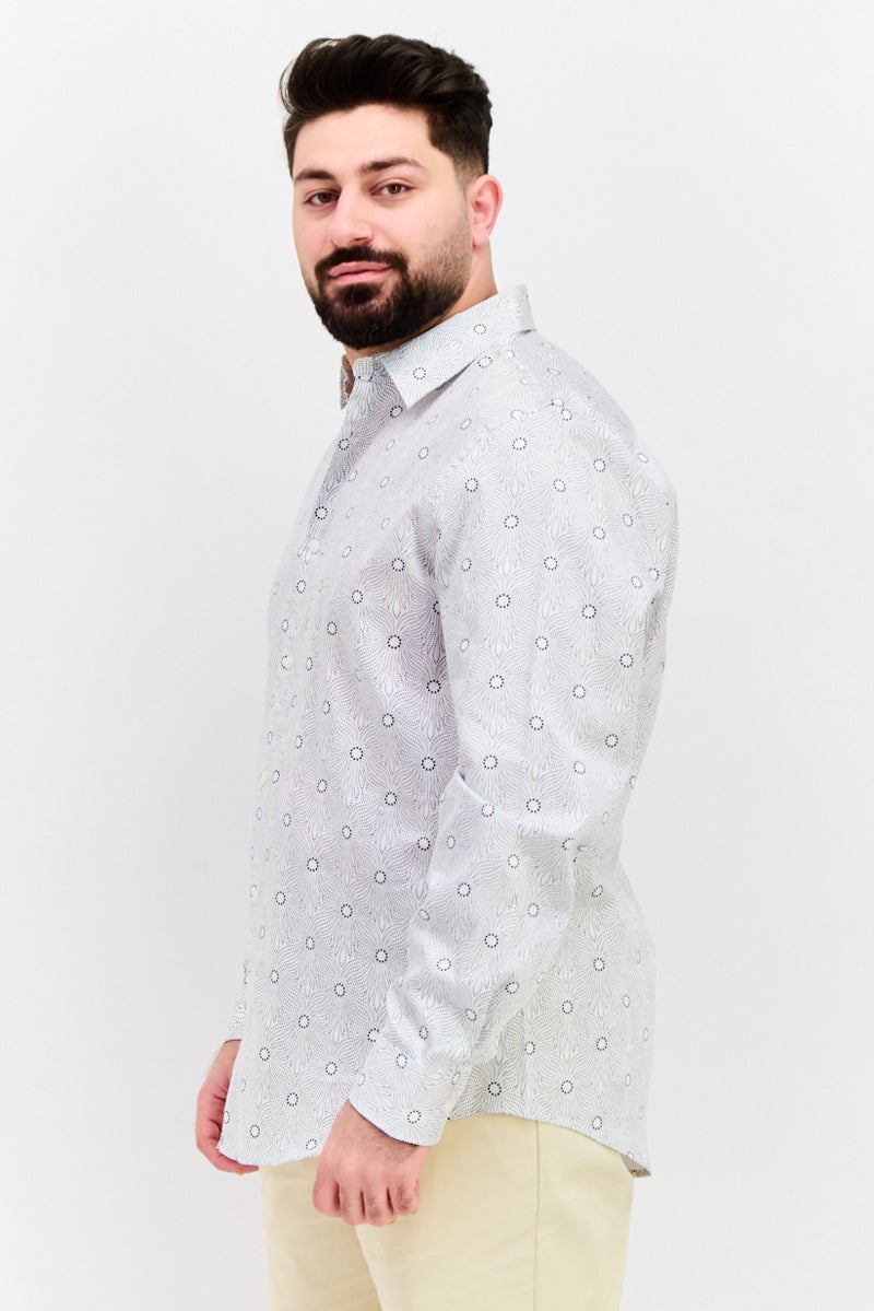 PERRY ELLIS قميص رجالي عادي بأكمام طويلة بنقشة زهور، أبيض - Image 2