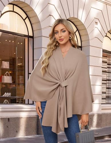 PULI Women's Elegant Shawl Wraps Soft Open Front Poncho Sweater for Spring Fall Winter tan - Image 2