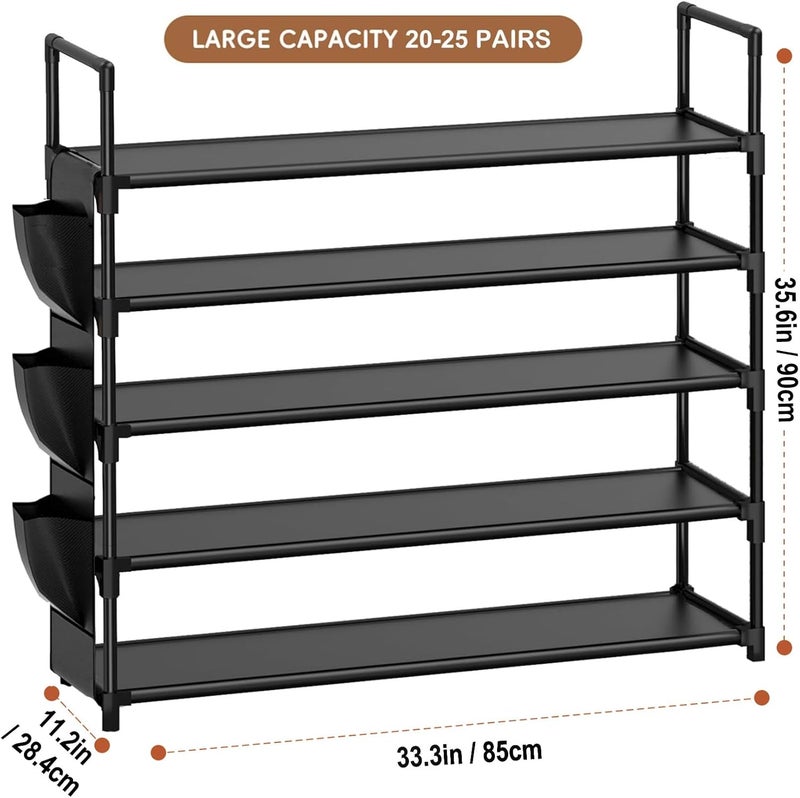 OYREL 5 Tier Shoe Rack for 20-25 Pairs Shoes Storage Organizer Large with Side Bag Space Saving for Closet, Entryway, Garage, Bedroom, Non Woven Shoe Rack, Black - Image 3