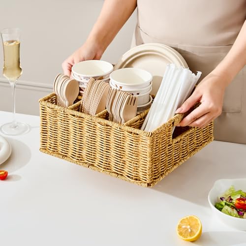 Berdeng Utensil Holder for Party Paper Plate Dispenser for Countertop Silverware Caddy for Picnic Cutlery Holder for Kitchen Camping Buffet Wicker Basket with 6 Compartments - Image 3