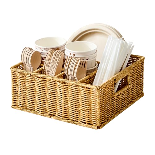 Berdeng Utensil Holder for Party Paper Plate Dispenser for Countertop Silverware Caddy for Picnic Cutlery Holder for Kitchen Camping Buffet Wicker Basket with 6 Compartments - Image 1