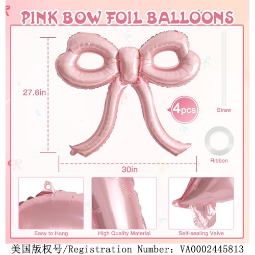 YTHETM 4 Pcs Pink Bow Balloons Bow Party Decorations for Girl Women Pink Bow Birthday Decorations Giant Foil Balloon for Baby Shower Bridal Engagement Wedding Decor Bachelorette Party Supplies - Image 2