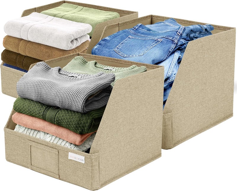 VIVIDECOR Storage Cubes – 12x12x10 Fabric Baskets for Organizing, Storage Baskets for Shelves, Front Opening Fabric Bins, Closet Organizer Bins for Clothes, Towels, Sweaters, Linen – Brown, 3 Pack - Image 1
