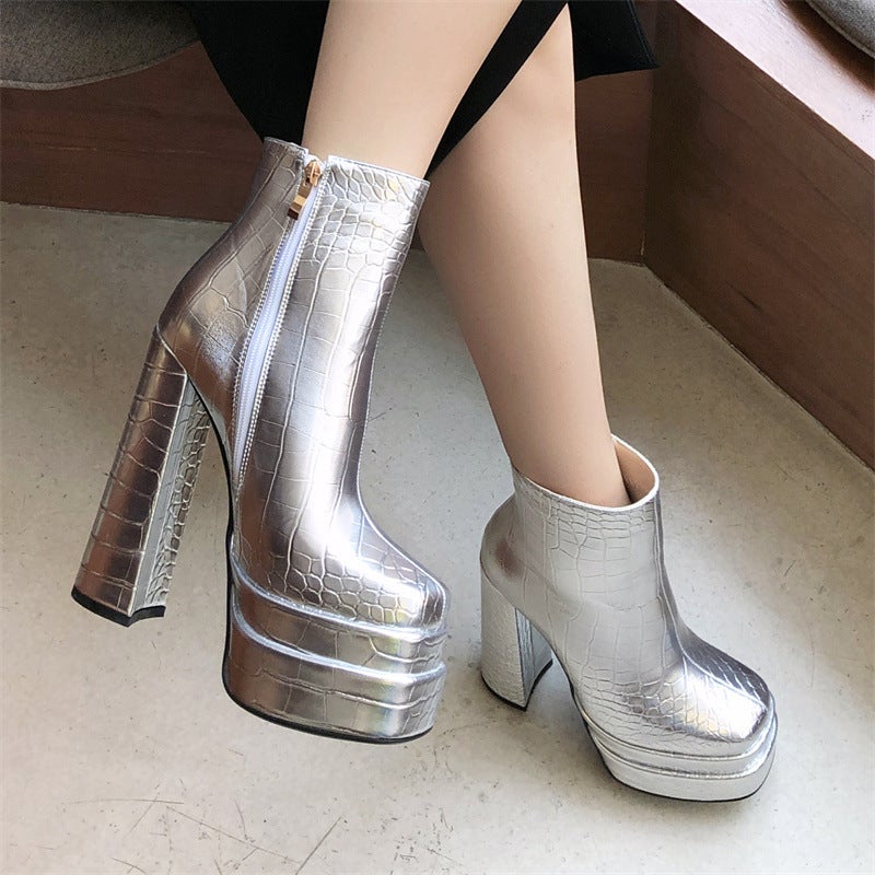 Dropshopping Style Double Water Table Square Head 40-43 Side Zipper Low Barrel Punk Style Women'S Boots - Image 4