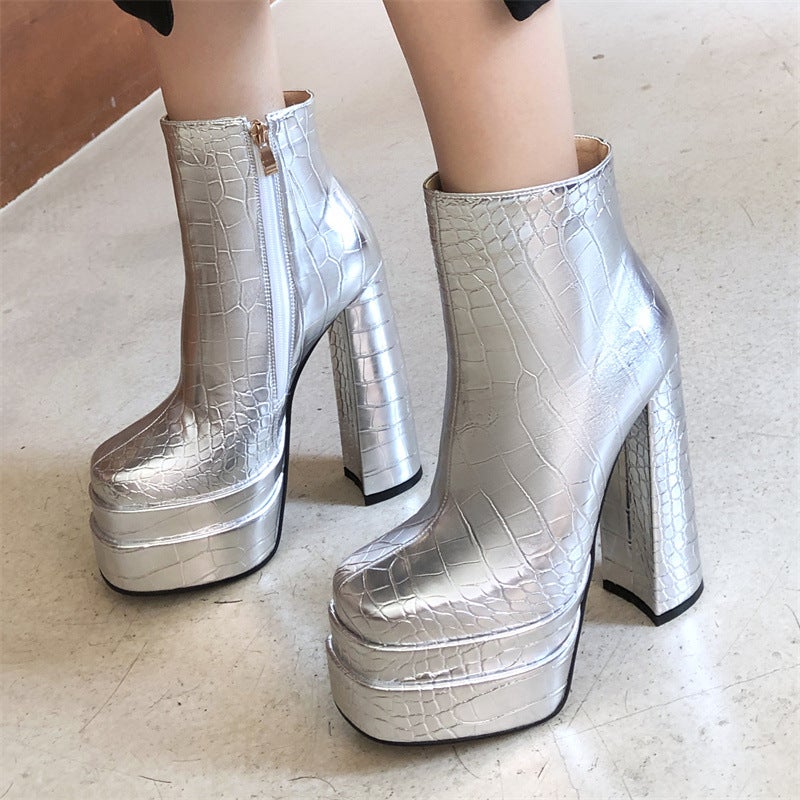 Dropshopping Style Double Water Table Square Head 40-43 Side Zipper Low Barrel Punk Style Women'S Boots - Image 2