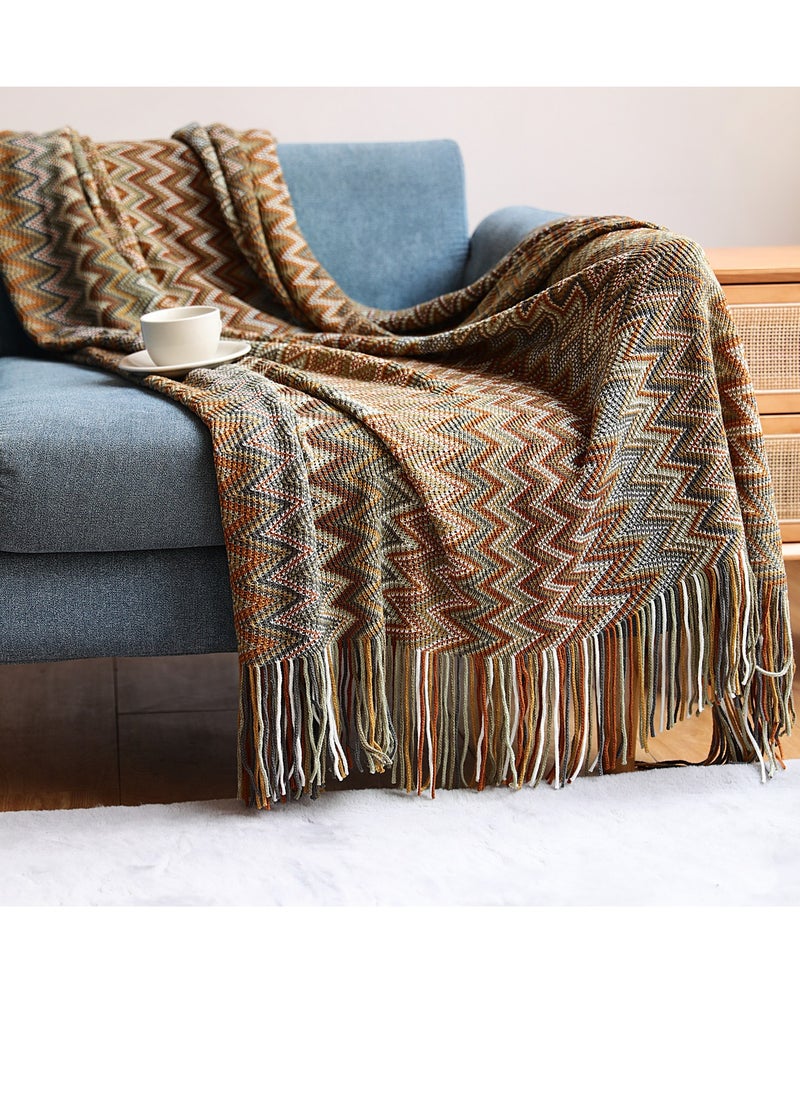 Loquat - Tassel Design Bohemian Style Knitted Soft Throw Blanket Keep Warm Yellow Mix - Image 1
