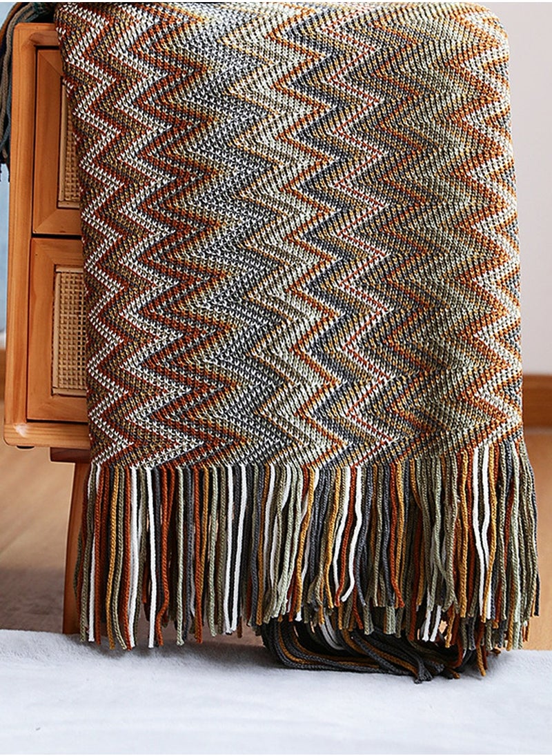 Loquat - Tassel Design Bohemian Style Knitted Soft Throw Blanket Keep Warm Yellow Mix - Image 1