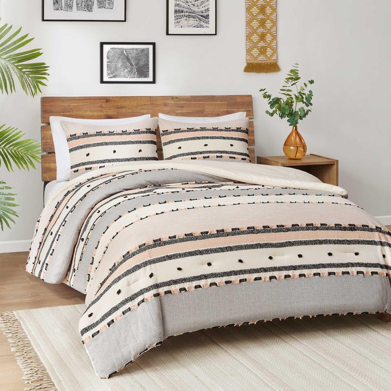 Hyde Lane Hyde Lane Boho Queen Comforter Set Modern Farmhouse Full Size Bedding Cotton Top with Neutral Rustic Clipped Jacquard Stripes Tufted Bed Sets 3Pieces Including Matching Pillow Shams 90 x 90 