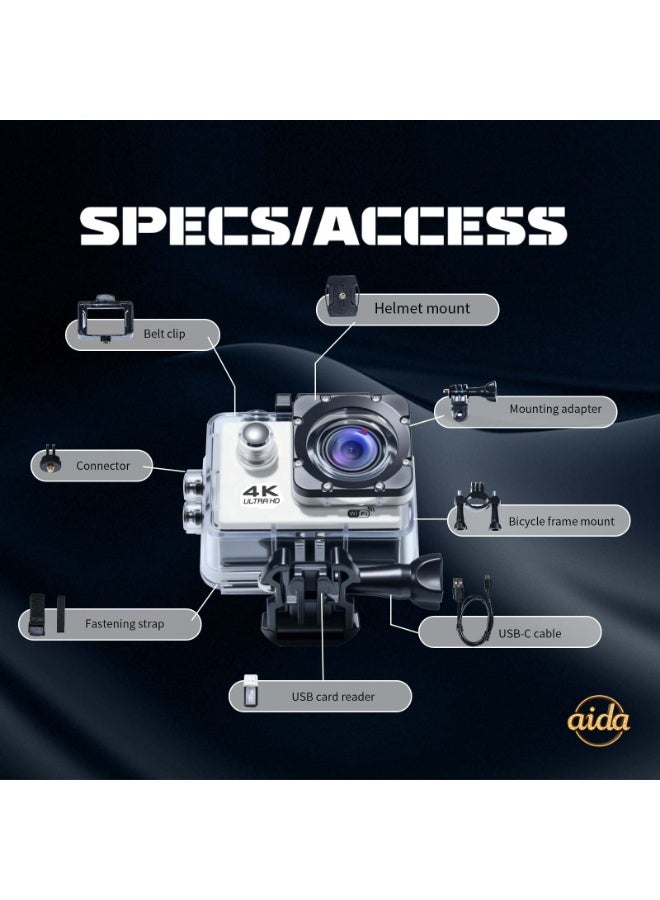 عام كاميرا خوذة، كاميرا مدمجة، كاميرا بانورامية 360 درجة، كاميرا حركة 4K، كاميرا حركة 1080P (مع غلاف مقاوم للماء)، كاميرا خارجية صغيرة ذكية عالية الدقة مقاومة للماء (بيضاء مع بطاقة ذاكرة 32 جيجابايت). - Image 3