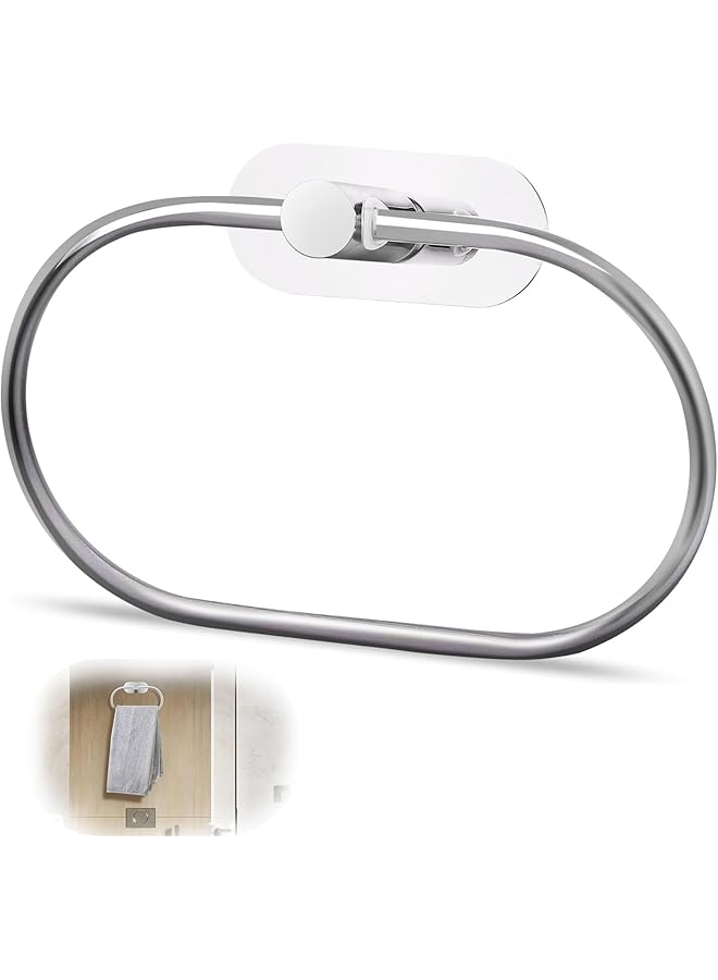 Self Adhesive Towel Holder, Stainless Steel Oval Towel Ring Wall Mounted, No Drilling Hand Towel Hanger for Bathroom & Kitchen, Silver Bathroom Towel Rail