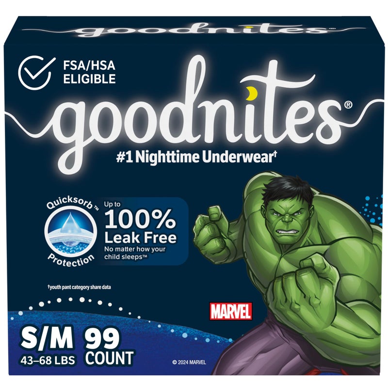 GoodNites سراويل نوم للأطفال من Goodnites، حجم S/M (43-68 رطل)، 99 قطعة (3 عبوات من 33)، قد يختلف التغليف - Image 1