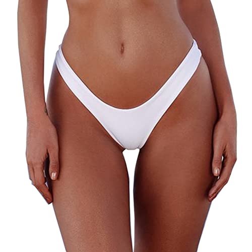 SherryDC Women's Sexy Cheeky Thong Brazilian Cut Low Rise High Leg Bikini Bottom White - Image 1