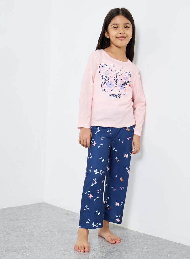 Styli Butterfly Print Long Sleeve T-Shirt and Pyjama Set - Image 1