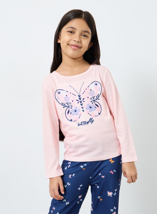 Styli Butterfly Print Long Sleeve T-Shirt and Pyjama Set - Image 2