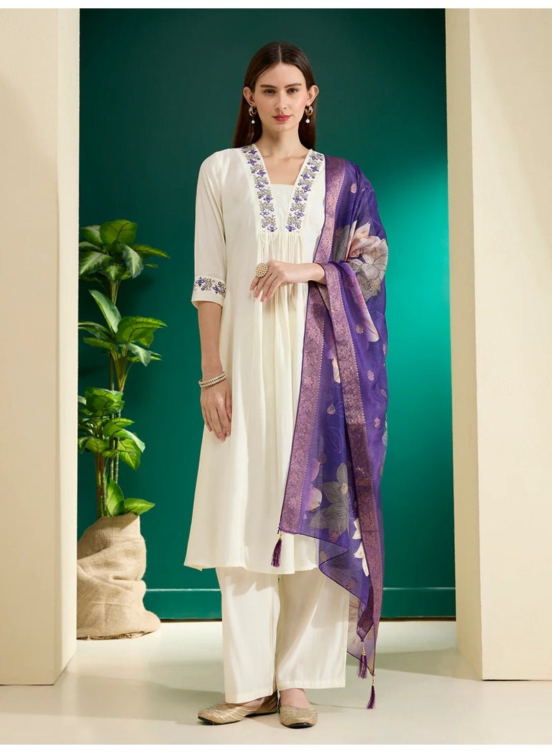 PRIYA’S PANACHE White Muslin Silk Embroidered Anarkali Kurta Set with Palazzo and Chanderi Floral Dupatta – Elegant Festive Party Casual Indian Ethnic Wear Salwar Kameez - Image 1