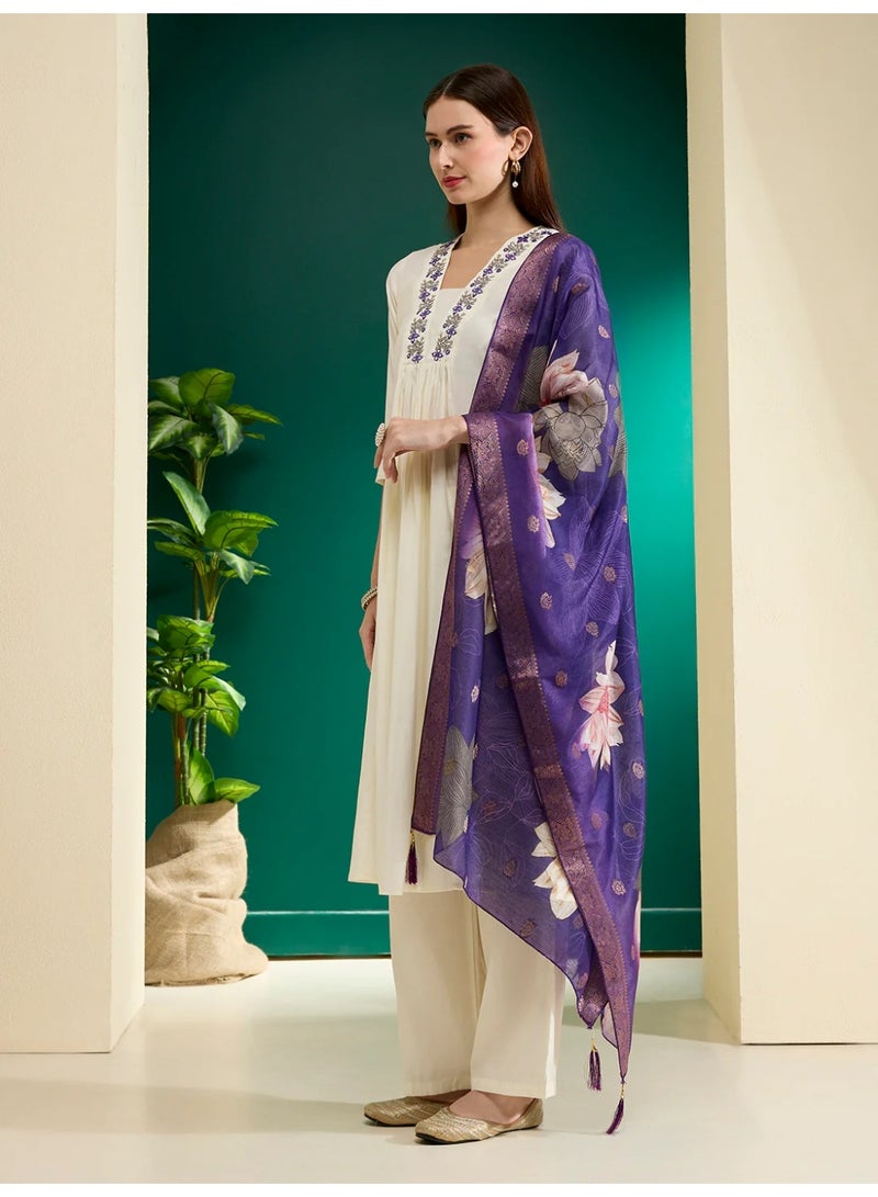 PRIYA’S PANACHE White Muslin Silk Embroidered Anarkali Kurta Set with Palazzo and Chanderi Floral Dupatta – Elegant Festive Party Casual Indian Ethnic Wear Salwar Kameez - Image 2