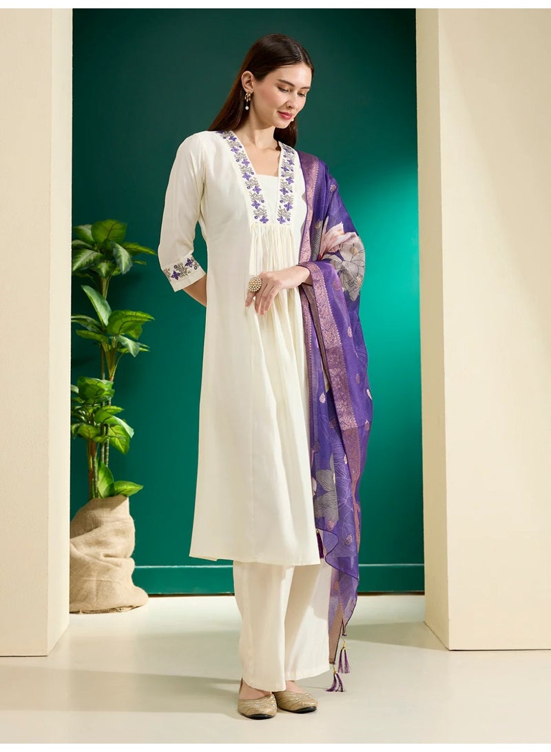 PRIYA’S PANACHE White Muslin Silk Embroidered Anarkali Kurta Set with Palazzo and Chanderi Floral Dupatta – Elegant Festive Party Casual Indian Ethnic Wear Salwar Kameez - Image 3