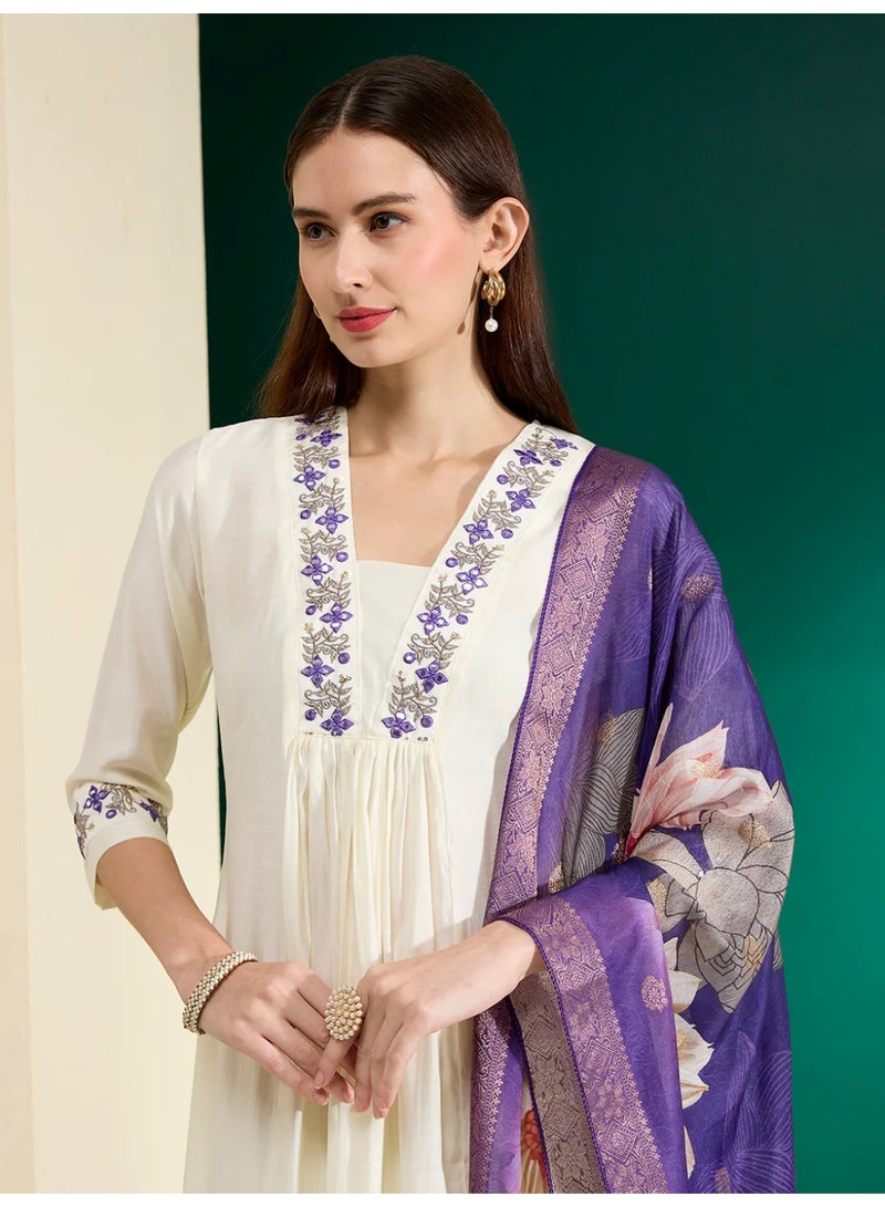 PRIYA’S PANACHE White Muslin Silk Embroidered Anarkali Kurta Set with Palazzo and Chanderi Floral Dupatta – Elegant Festive Party Casual Indian Ethnic Wear Salwar Kameez - Image 5