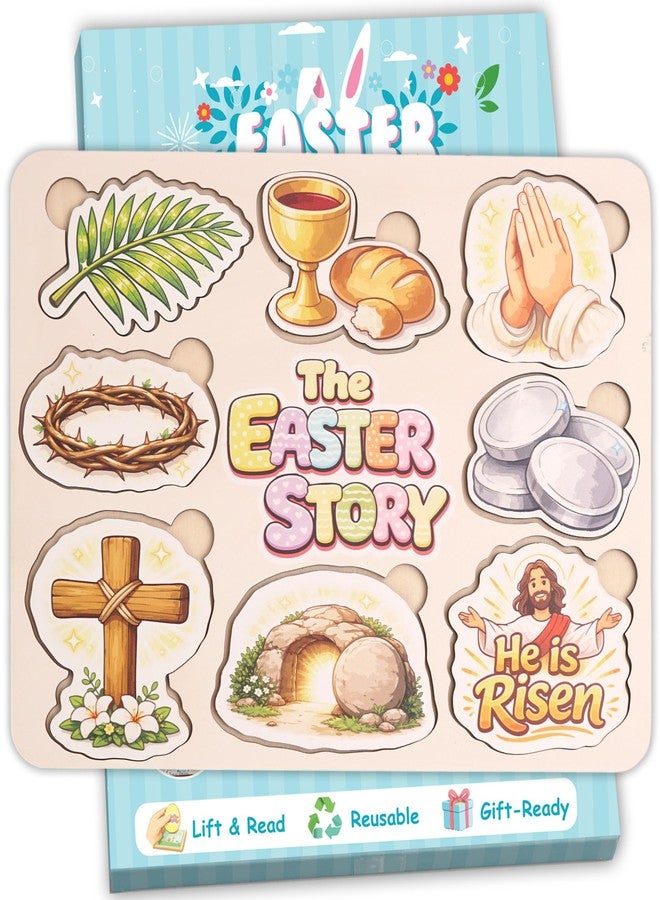 KATINAT Easter Story Puzzle Board with 8 Wooden Lift-and-Read Pieces, Christian Easter Basket Stuffer for Kids, Christian Gifts for Kids, Ressurection Story Eggs - Image 1