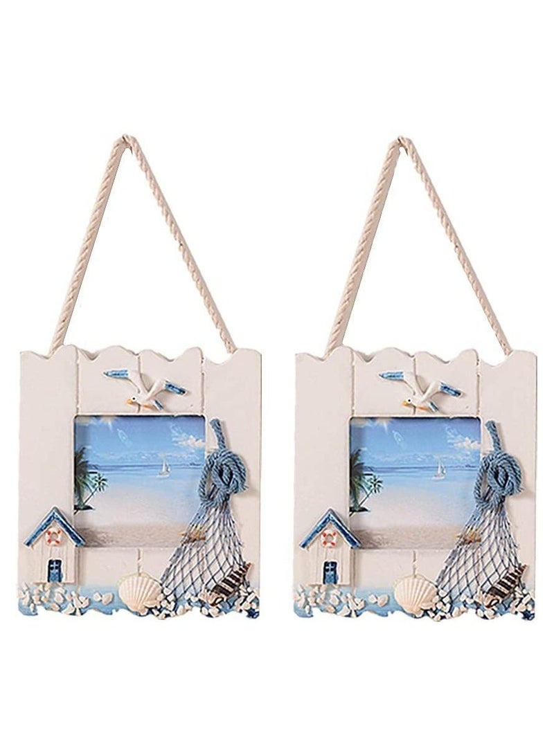 2 Pcs Wooden Beach Picture Frame Seaside Vacational Frames Nautical Photo Standing and Wall Ocean Tropical for Bathroom Kitchen Decor Gift Accessory - Image 1