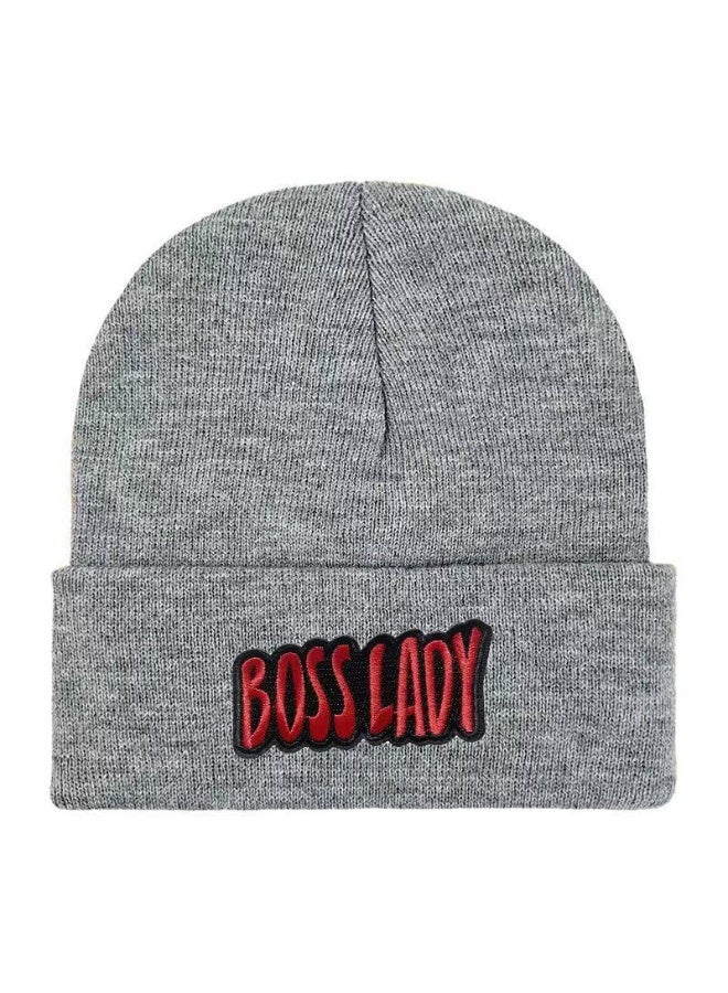 BOSS Heather Gray Knitted Beanie with Red "BOSS LADY" Embroidery