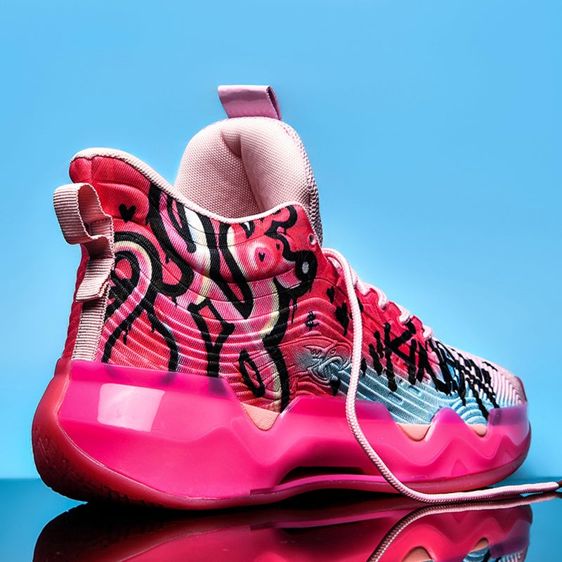 BEMYGREENBAG Men's High-Top Basketball Shoes with Anti-Slip and Wear-Resistant Soles Running Shoes with Graffiti Design Fashionable Sports Shoes Pink Size 11 - Image 4