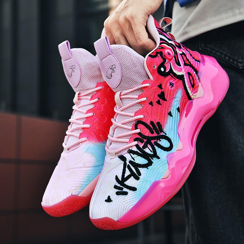 BEMYGREENBAG Men's High-Top Basketball Shoes with Anti-Slip and Wear-Resistant Soles Running Shoes with Graffiti Design Fashionable Sports Shoes Pink Size 11 - Image 5