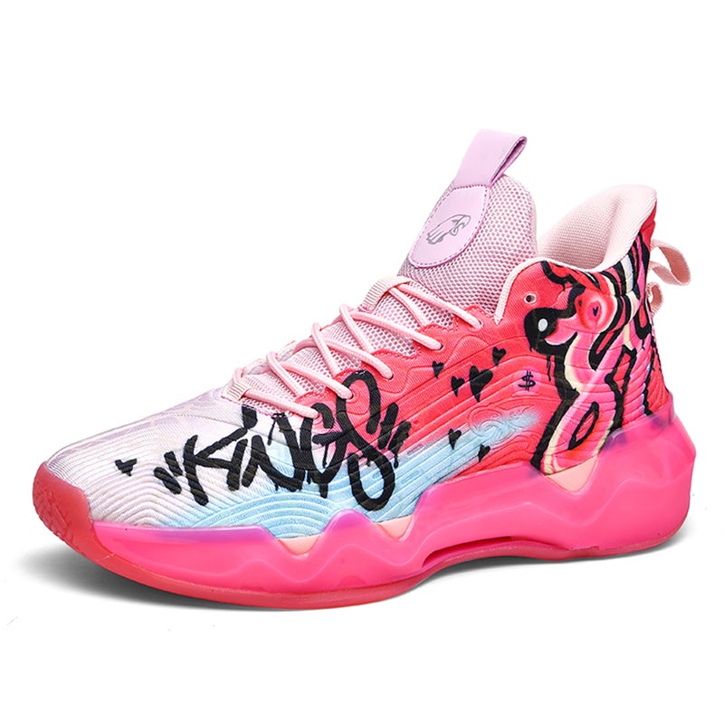 BEMYGREENBAG Men's High-Top Basketball Shoes with Anti-Slip and Wear-Resistant Soles Running Shoes with Graffiti Design Fashionable Sports Shoes Pink Size 11 - Image 1
