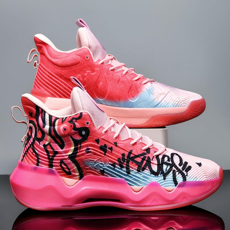 BEMYGREENBAG Men's High-Top Basketball Shoes with Anti-Slip and Wear-Resistant Soles Running Shoes with Graffiti Design Fashionable Sports Shoes Pink Size 11 - Image 2