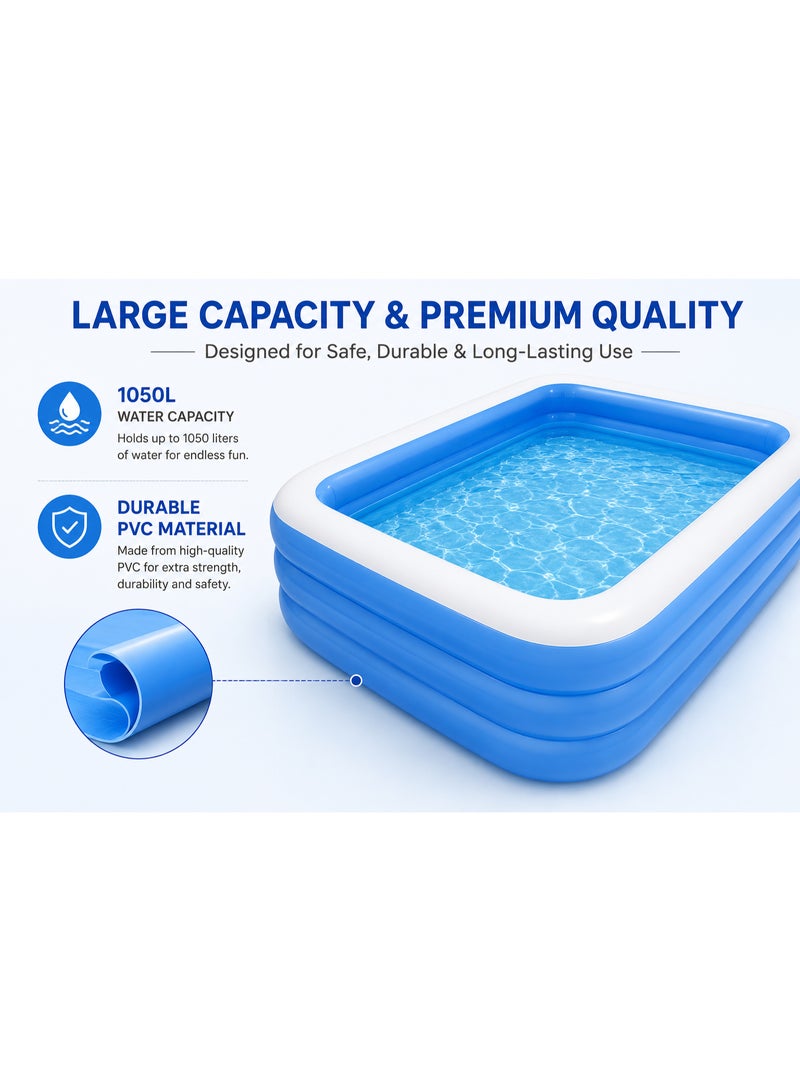 Large Inflatable Family Swimming Pool 305 x 183 x 56 cm Rectangular Backyard Pool Blue White - Image 3