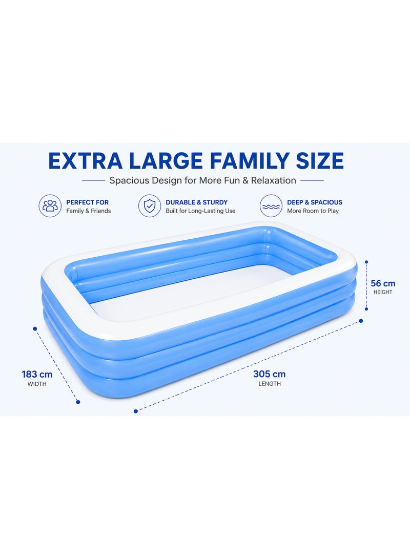Large Inflatable Family Swimming Pool 305 x 183 x 56 cm Rectangular Backyard Pool Blue White - Image 2