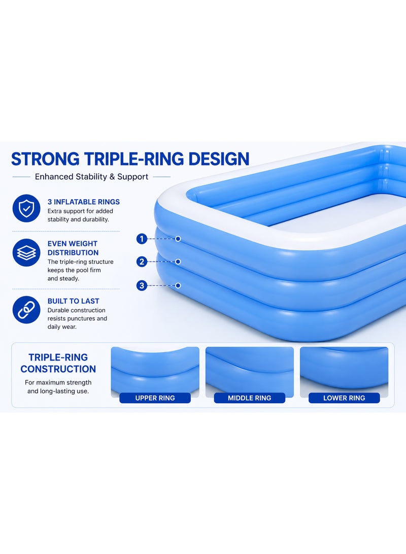 Large Inflatable Family Swimming Pool 305 x 183 x 56 cm Rectangular Backyard Pool Blue White - Image 4