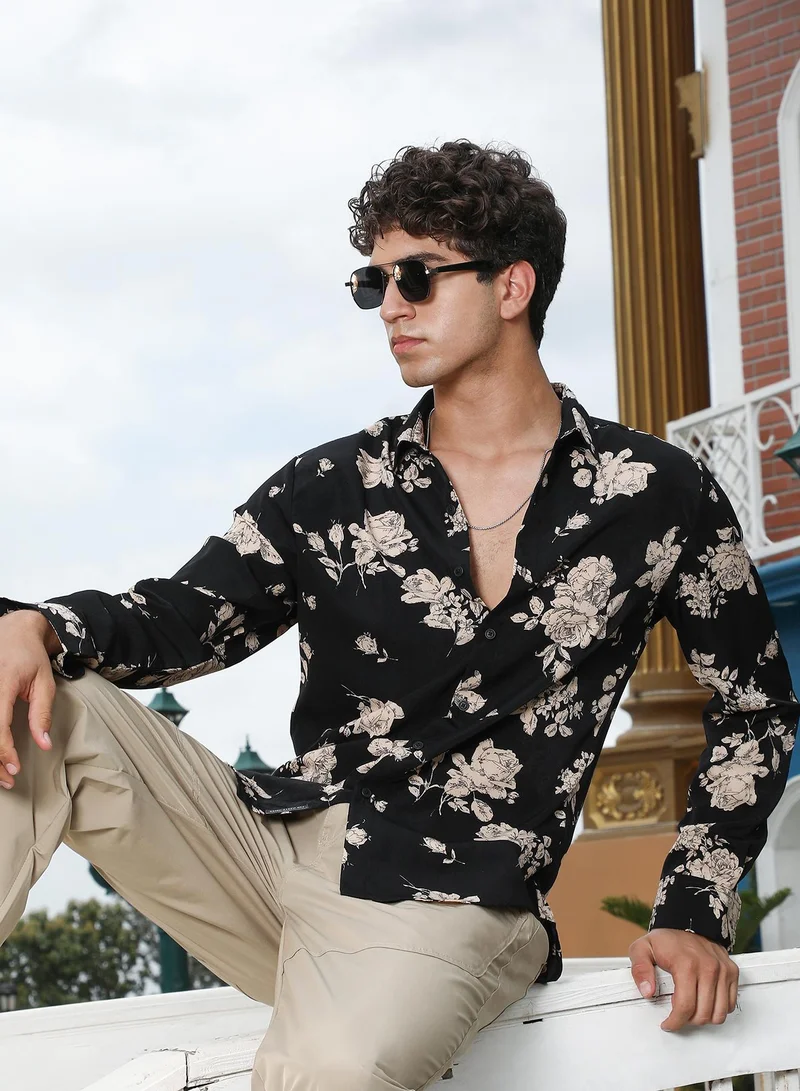 كامبوس سوترا Campus Sutra Men's Onyx Black Contrast-Roses Imprint Shirt | Spread Collar , Long Cuffed Sleeves , Button Closure , Curved Hem | Floral Print Plain | Polyester Shirt For Casual Wear