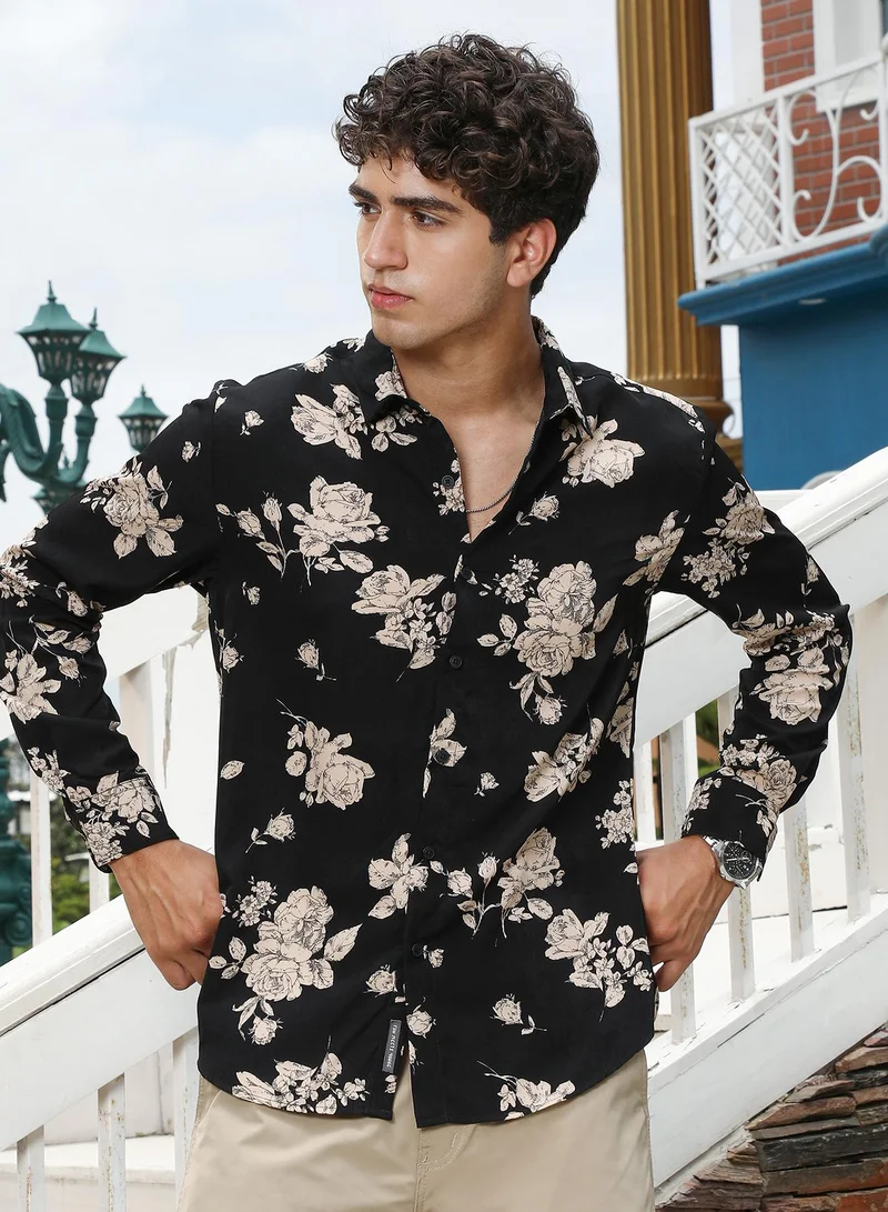 كامبوس سوترا Campus Sutra Men's Onyx Black Contrast-Roses Imprint Shirt | Spread Collar , Long Cuffed Sleeves , Button Closure , Curved Hem | Floral Print Plain | Polyester Shirt For Casual Wear