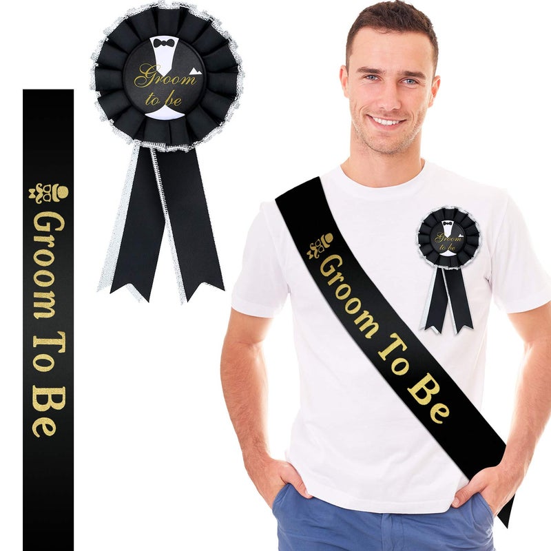 WILLBOND 2 Pieces Groom Sash Badge Set Includes Groom to Be Satin Sash Award Ribbon Badge Brooch for Bachelor Party Engagement Celebration Supplies
