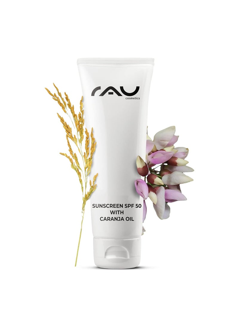rau cosmetics - RAU Cosmetics 2in1 Sunscreen SPF50 with organic Karanjaoil 253 Fl oz  Sunscreen cream face with Karanja oil SPF50 nourishes protects and soothes itching from blemishes - Image 1