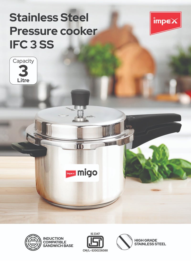 Impex Migo 3L Stainless Steel Pressure Cooker – Migo IFC 3 SS | Induction Base | Outer Lid Design | Compatible with Gas & Induction Cooktops | IFC 3SS - Image 2