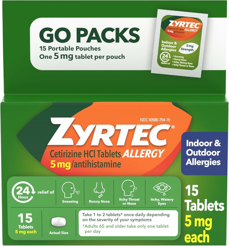 ZYRTEC أقراص زيرتيك 24 ساعة لتخفيف الحساسية - دواء الحساسية الداخلية والخارجية 5 ملغ سيتيريزين هيدروكلوريد لكل قرص مضاد للهستامين - تخفيف من سيلان الأنف - المزيد من أكياس السفر الفردية 1 × 15 حبة - Image 1