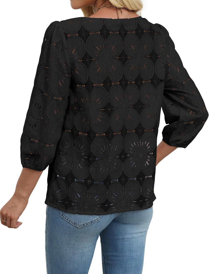 Sampeel 3/4 Length Sleeve Womens Tops Dressy Casual Blouses for Ladies Work Business Casual Outfits Summer Tops 2026 Lace Fashion Clothing Date Black M - Image 3